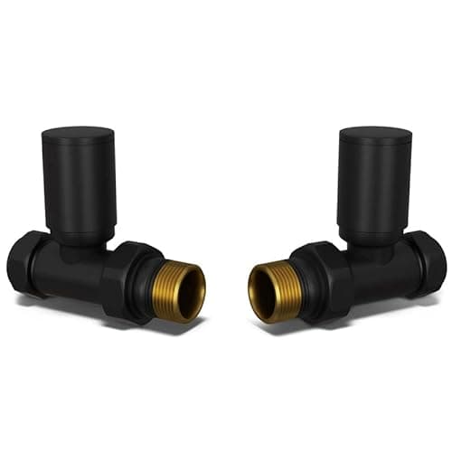 Image of UK Radiators Round Black Radiator Valve Pair - Black Matt Finish - Classy and Modern Design 1/2" x 15mm Straight Radiator Valve Pair - Pair of Valves