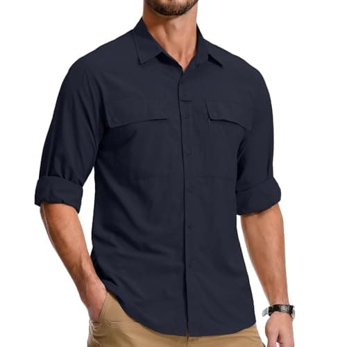 Image of Jessie Kidden Mens Safari Shirts Long Sleeve UV Protection Hiking Fishing UPF 50+ Quick Dry Cooling Camping Travel Shirts #5060-Navy Blue-XL