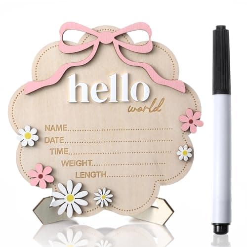 Image of Baby Announcement Sign with Pink Bow, Wooden Hello World Newborn Welcome Sign, 3D Flowers Photo Prop, Name Date Time Weight Length Board, Baby Girl Nursery Photo Prop