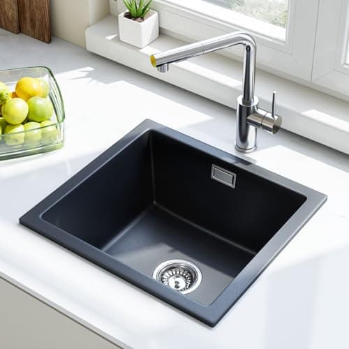 Image of HOROW 13mm Thick Black Granite Composite Kitchen Sink 45x50x20cm - 80% Quartz Ore Stone Basin, Scratch Resistant & Self-Healing, Topmount/Undermount/Flushmount, Includes Full Waste Kit