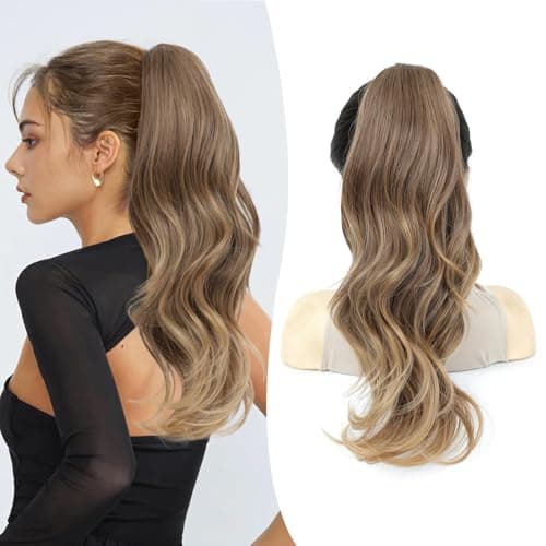 Image of FINE PLUS 20inch Ponytail Extension Curly Wave Layered Claw Clip in Ponytail Hair Extensions for Women Light Brown to Golden Blonde Ombre Fake Pony Tail Hairpieces for Daily/Work/Party Use