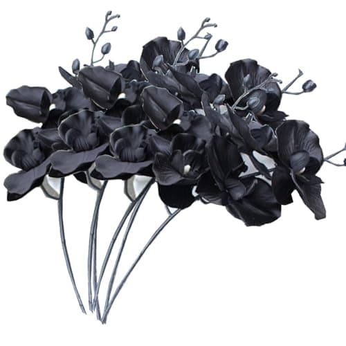 Image of 18" Artificial Phalaenopsis Flowers 6 Pcs Black Artificial Orchid Flowers Stem Plants for Home Office Wedding Décor