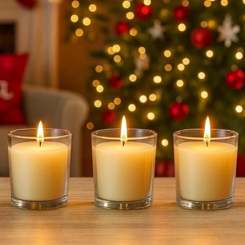 Image of Marco Paul Cinnamon Scented Candles Set of 3 with Silver Christmas Tree Design Votive Candle Jars for Home Decorations - Christmas Scented Candles Xmas Scented