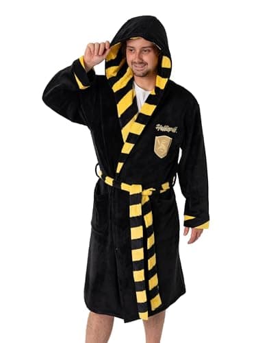 Image of Harry Potter Hufflepuff Unisex Black Hooded Bathrobe | Cosy Fleece Loungewear with Tie | Long Sleeve Movie-Themed Sleepwear | Perfect for Relaxing at Home Merch - Large
