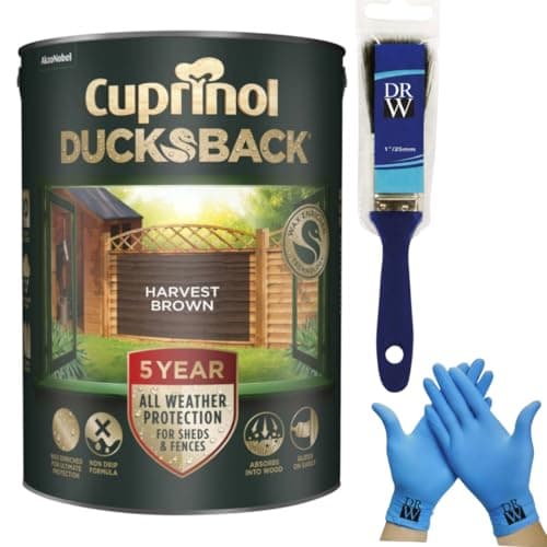 Image of DRW Cuprinol Ducksback Harvest Brown Fence Paint 5L | 5‑Year Weatherproof Shed & + Free 4 Inch Fence Paint Brush & Nitrile Gloves – Wax‑Enriched, Non‑Drip, Quick‑Drying & Low‑Odour