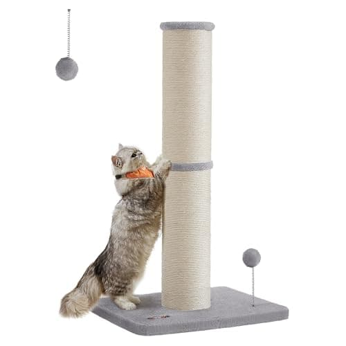 Image of Feandrea Cat Scratching Post, 85 cm Tall Cat Scratcher for Medium and Large Cats, Furniture Scratching Deterrent Sisal Scratch Pole, Spring Pompom with Built-in Bell, Dove Grey PCA041G01