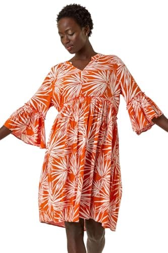Image of Roman Originals Smock Dress for Women UK Ladies Cotton Summer Embroidered Frilled Tiered Casual Beach Cruise Holiday Cocktail Party 3/4 Sleeve Pull On Gathered Skirt - Orange Patchwork - Size 14
