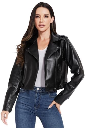 Image of Fahsyee Faux Leather Jacket Women - Black Bomber Motorcycle Cropped Coat Moto Biker Blazer Casual Pleather Jackets Fashion M