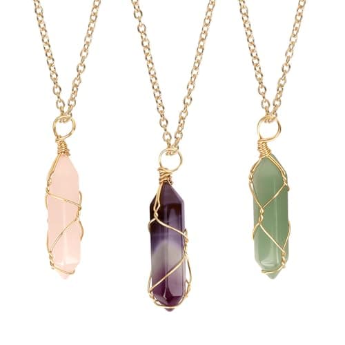 Image of MOTIBACK 3Pcs Rose Quartz Necklace, Amethyst Hexagonal Pendant Necklaces, Healing Crystal Necklace, Adjustable Gold Chain Necklace Jewellery Set Gifts for Women Men