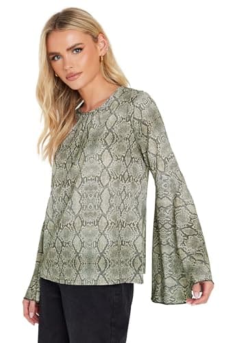 Image of PixieGirl Petite Grey Woven Snake Print Bell Sleeve Top Petite