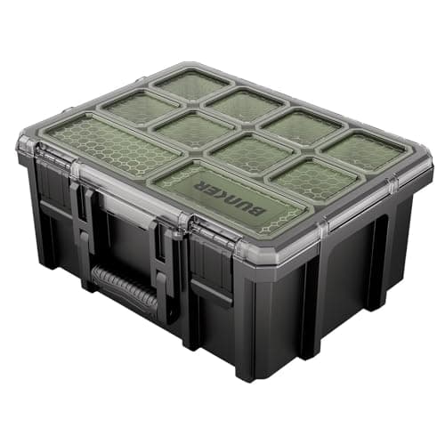 Image of BUNKER Large Deep Tool Organiser 20 Removable Bins, Heavy Duty Impact-Resistant Storage Case with Secure Latch, Water-Resistant Clear Lid & Carry Handle, 408 x 334 x 189mm