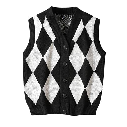Image of RLEHJN Men's Sleeveless Jumpers & Knitted Gilets V Neck Knit Sweater Vest Checked Cardigan Knitwear Smart Casual Jumper Front Button Down Knitted Waistcoats Tank Tops M-3XL Black