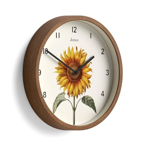 Image of Jones Clocks® Sunflower wall clock | Modern round clock with floral illustration | 25cm | Faux wood | Ideal for the kitchen, living room or office