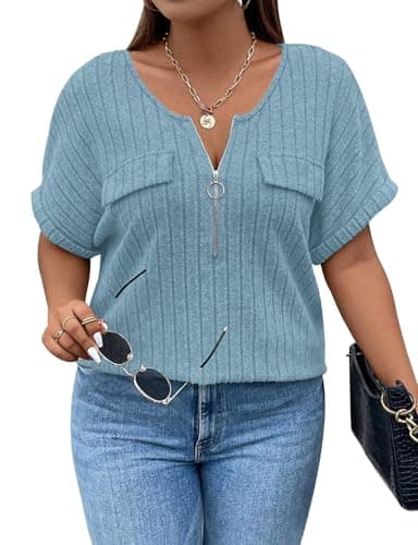 Image of Gemulate Womens Tops Plus Size Blue Short Sleeve Tunic Fashion Clothes V Neck Zipper Plus Size Ladies Tops Casual Summer Spring Clothes Oversized T Shirts Light Blue XX-Large
