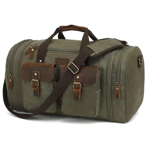 Image of Imyth 60L Large Capacity Leather Duffle Bag - Classic Vintage Expandable Canvas Weekend and Overnight Travel Bag, Airplane Carry-On Luggage(Army Green)