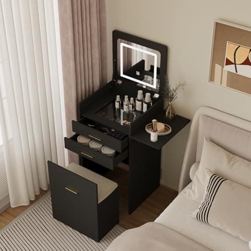 Image of YOURLITE Dressing Table with Flip-top Mirror and LED Lights, Integrated Makeup Table for Small Spaces, Compact Small Vanity Desk Set with Fold-up Panel, Cushioned Storage Stool for Bedroom, Black