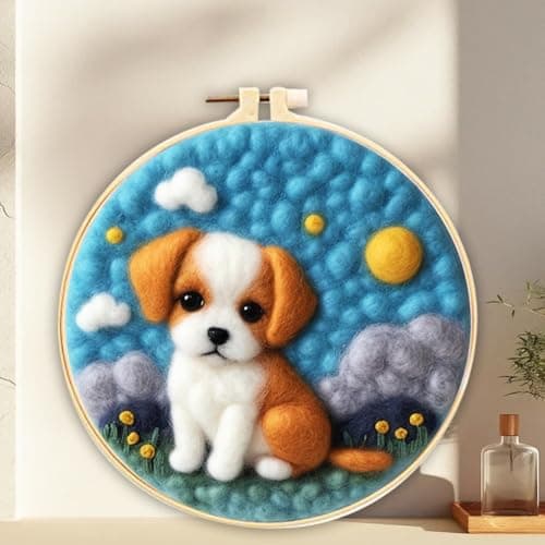 Image of ABEUTY Needle Felting Kits Picture for Beginners Adults, Cute Dog Blue Sky Flowers DIY Wool Felt Painting Starter Kit with Embroidery Hoop and Tools for Home Decor (Dog)