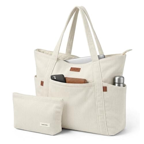 Image of Captain Blues Tote Bag for Women with Zip, Large Capacity Work Bag with Compartments & Pockets, Soft Cotton Lining, for College, Teacher, Uni, School, Travel, Shopping (Beige)