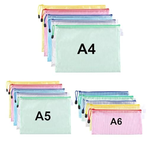 Image of 15 Pcs Plastic Wallets, A4 A5 A6 Zip Lock Bags Size,Waterproof Plastic Pockets Zipper Mesh Document Folders Wallet Zipper Bags for Office Homework School Supplies Travel Files Storage Bags (5 Colors)