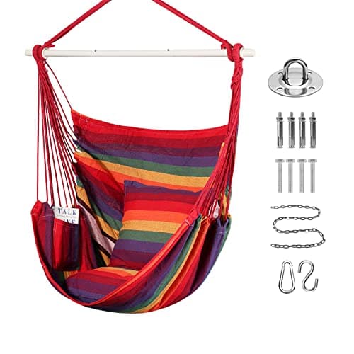 Image of Goutime Hammock Chair Swing with 2 Seat Cushions Pillows, Hanging Chair with Detachable Metal Support Bar,Swing Chair with Carry Bag,Hanging Chair for Bedroom,Outdoor Chair,Maximum 330 Lbs,(Rainbow)