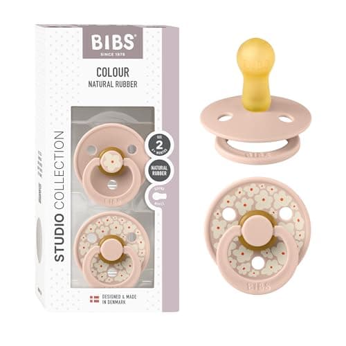 Image of BIBS Colour Studio Soother 2-Pack, BPA Free Dummy Pacifier, Round Nipple. Natural Rubber Latex, Made in Denmark, Size 2 (6-18 Months), Jasmine Blush