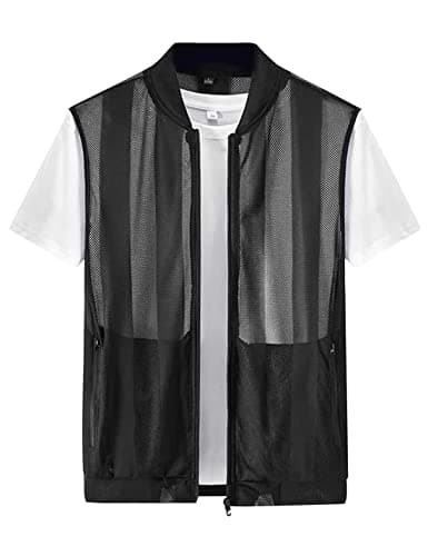 Image of Sukany Men's Summer Casual Lightweight Breathable Mesh Vest Fishing Safari Travel Photo Gilet Zip Sleeveless Waistcoat Black S