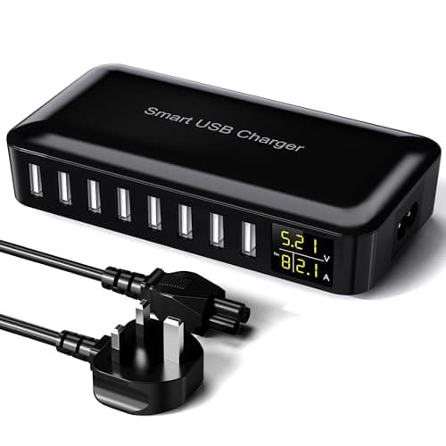 Image of Sanicata 8 in 1 USB Charging Station with 4ft Extension Cord - Multiport Charger with LED Display for iPhone, iPad, Samsung, Tablet - Travel, Home, Office - Black