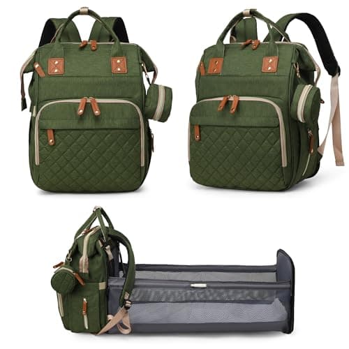 Image of Fexkean Nappy Changing Backpack,Waterproof Multi-Function Large Capacity Diaper Baby Travel Bag with Bed 3 in 1 Foldable Crib Unisex for Mom and Dad(Grass Green)