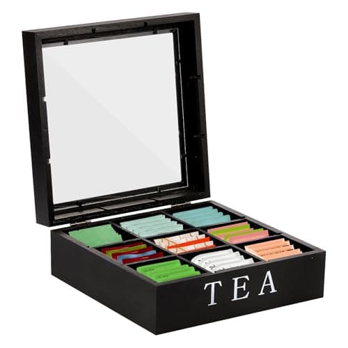 Image of Wooden Tea Storage Box,23x23x9CM Tea Bag Organizer with 9 compartments,Tea Chest Container with Transparent Lid for Tea Bags,Sugar, Coffee Pods (Black)