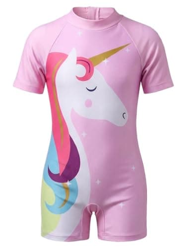Image of Moneric Girls Swimming Costume Kids One Piece Swimsuit Unicorn Swimwear UV Protection Zipper Bathing Suit Rash Guard Surfing Beachwear Pink Age 5-6 Year