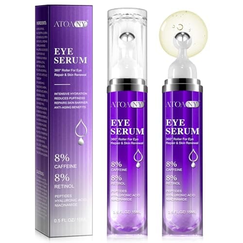 Image of Eye Serum with 8% Caffeine 8% Retinol Hyaluronic Acid Niacinamide Peptides for Puffy Eye Bags Dark Circles Wrinkles and Fine Lines, Anti Aging, Under Eye Cream with 360° Eye Roller Massage Ball, 15ml