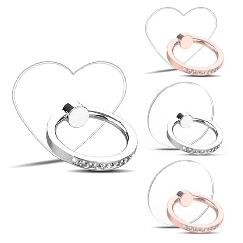 Image of Bmeigo 4pcs Transparent Cell Phone Ring Holders, Phone Stand with Diamond 360 Roatation Adjustable Cellphone Support Ring Holder Finger Grips for All Smartphones, (Heart/Round, Rose Gold/Silver)