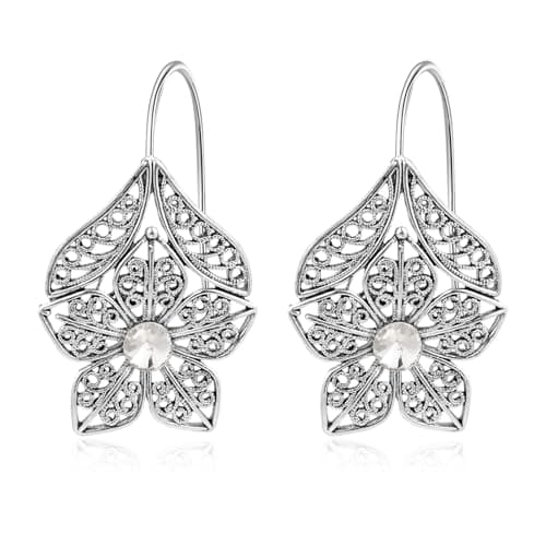 Image of Aliyoham Silver Plated Floral Filigree Dangle Earrings for Women, Cubic Zirconia Openwork Design, Boho Vintage Hypoallergenic Jewellery