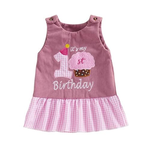 Image of Siyova Baby Girls Birthday Dress Cupcake Letter Embroidery Sleeveless Ruffle Hem A Line Corduroy Dress Tank Overall Skirt Newborn 1st Birthday Outfits (Purple, 12-18 Months)