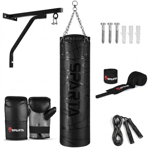 Image of Boxing Punch Bag Filled 5ft 4ft 3ft Heavy Duty Punching Bag Set, Wall Bracket Punching Gloves Steel Chain, Kickboxing MMA Grappling Muay Thai Karate BJJ, Adult Home Gym Fitness (5FT)