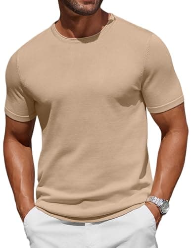 Image of COOFANDY Men's T-Shirts Short Sleeve Knitted T Shirt Men Crew Neck Casual Tops Khaki M
