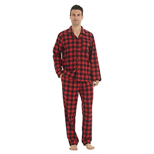 Image of LANBAOSI Men's Pajama Sets Long Sleeve Checked Lounge Wear Set Flannel Pyjamas Plaid Top and Bottoms 2 Piece Winter Cotton Nightwear Red
