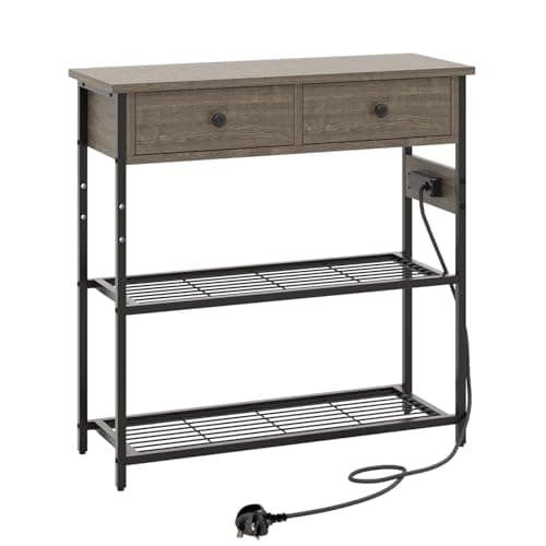Image of Multigot Console Table with Charging Station, 3-Tier Industrial Narrow Sofa Side Table with 2 Drawers and 2 Storage Shelves, Metal Frame Wooden Hallway Table for Living Room Entryway (Grey Oak)