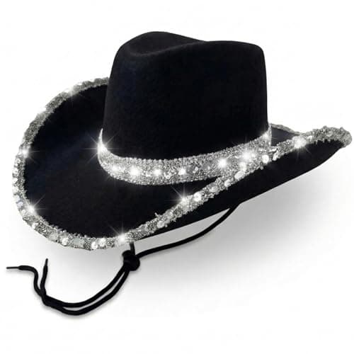 Image of Black Cowboy Hat Women Sparkly - Ladies Sequin Black Cowgirl Hat Accessory - Cowgirl Accessories for Women Country and Western Fancy Dress - Adult Cow Girl Accessories for Wild West Fancy Dress