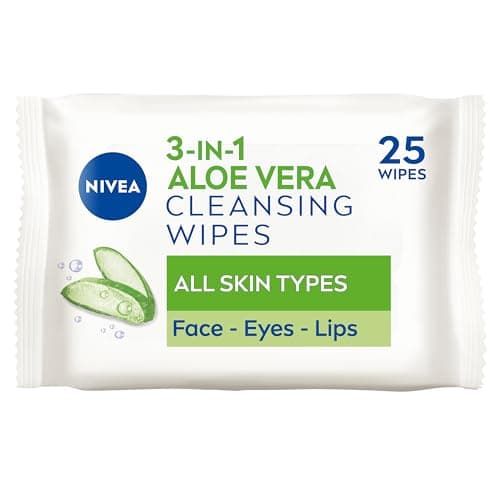 Image of NIVEA Aloe Vera Cleansing Wipes (25 Sheets), Plant-Based Makeup Remover Sheets, Gentle Yet Effective Hydrating Face Wipes with Organic Aloe Vera for Makeup Removal