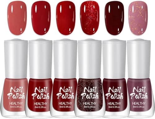Image of Red Nail Polish Set - 6Pcs 6Pcs Quick Dry Nail Varnish - Dark Red Burgundy Purple Glitter red Glitter Pink Nail Varnish Set - Natural Chip Resistant Nail Polish Non Toxic - Gifts for Women