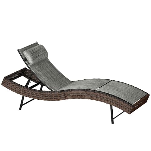 Image of Outsunny Rattan Sun Lounger, 5 Position Adjustable Garden Lounger Recliner with S Shaped Texteline Seat and Headrest, Reclining Outdoor Sunbed with Metal Frame for Patio, Terrace, Brown