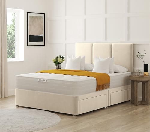 Image of COZY HUB LTD Panel Line Plush Velvet Divan Bed with 10 Inch Ortho Tufted Mattress & Headboard – Luxury Divan Set with Drawer Storage Options. (Cream, 4Ft6-4 Drawers)