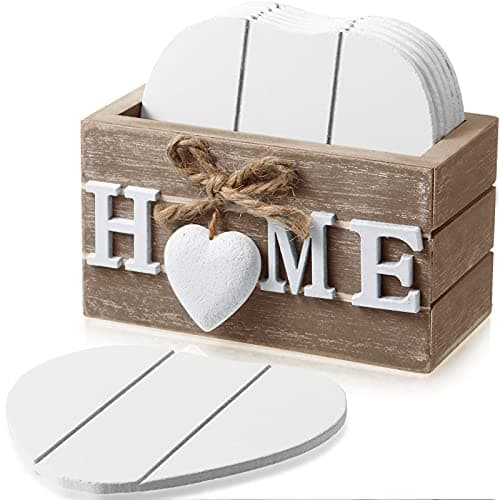 Image of Wooden Heart Coasters Set of 6 With Holder - Farmhouse Coasters for Drinks, Coffee Table Protection - Housewarming Gifts for New Home Decoration, 4 Inch (Brown, Home)