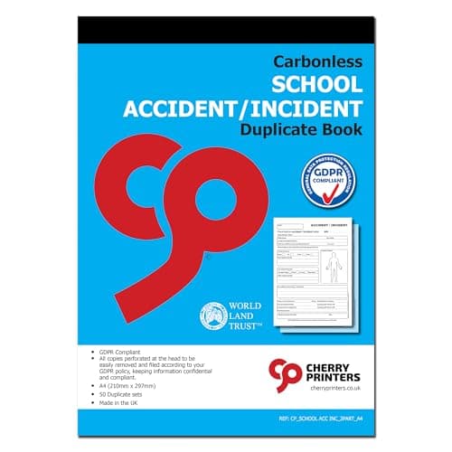 Image of Cherry School Accident/Incident Book A4 | 50 Carbonless Duplicate Sets | 2-Part Report Forms | GDPR Compliant First Aid Record | Both Copies Perforated | Made in UK