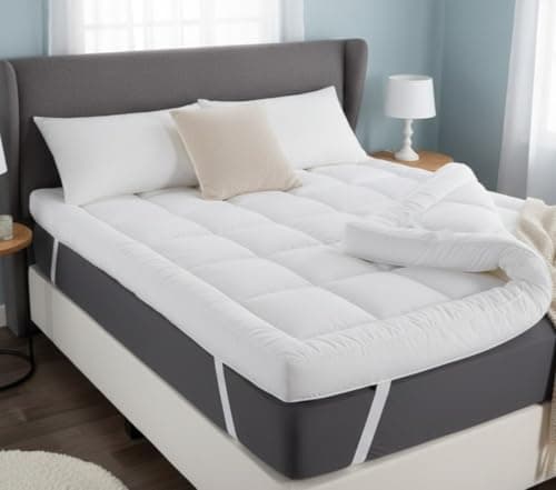 Image of Adam Home Microfiber Quilted Mattress Topper Double Bed 4 Inch / 10cm Fluffy and Hypoallergenic, Thick White, Hotel Quality Extra Soft, Stronge Elasticized Corner Straps (135 x 190 + 10cm)