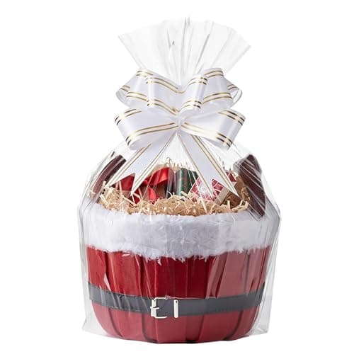 Image of H-Line Christmas Hamper Basket Round Wicker Gift Hampers Baskets Santa Style Split Willow Basket with Faux Fur Edging Make Your Own Hamper Kit with Cellophane Wood Shred Bow Set for Christmas (Small)