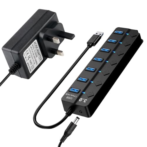 Image of USB 3.0 Hub Powered 7-Port Splitter with 5V 3A Power Supply Adapter with Individual On/Off LED Switches and Lights Extension Splitter AC to DC 5V Cable for Windows, Apple MacBook, PC Laptop and More