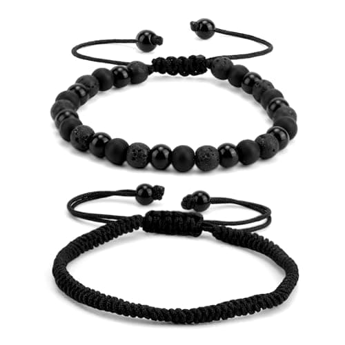 Image of Mikovivi 2pcs Men Bead Bracelet, Black Onyx Obsidian Volcanic Lava Rock Natural Beaded Style and Braided Stone Rope Style Bracelets for Men