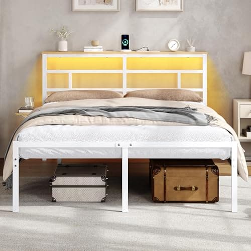 Image of Yaheetech Double Metal Bed Frame with LED Lights, 135 x 190 cm Bed Frame with Charging Station, Wooden Storage Headboard, Easy Assembly White/Double